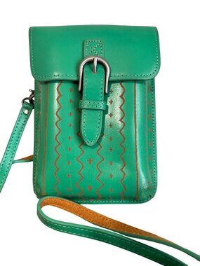 MW Green Leather Crossbody With Patterned Design & Buckle Closure